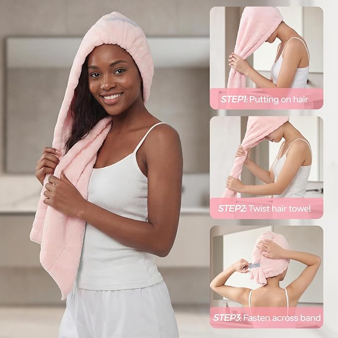 REDKISS 3 Pack Microfiber Hair Towel Wrap for Women, Super Absorbent Quick Dry Hair Turban for Thick Long Curly Hair, Large Stay-Put Anti-Frizz Hair Drying Towels, Pink Blue Gray