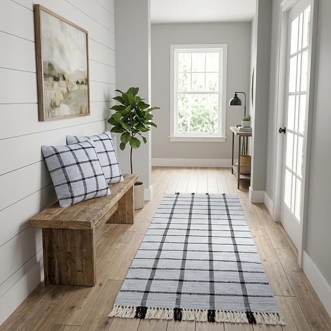 PEARL+CREEK Flenn Checkered Rug Runner Handwoven Cotton Washable 2x8ft, 1PC