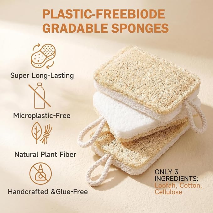 Natural Loofah & Cellulose Dual Sided Sponge 5 Pack | Compostable, Plastic-Free, Biodegradable Kitchen Scrubber | Non-Scratch for Dishes, Pots, Pans & Cast Iron