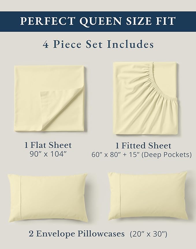 LANE LINEN , Eco Friendly 100% Organic Cotton Sheets Queen Size Bed Set, Soft & Comfy Fully Elasticized Percale Sheets, Fade Resistant Low Pill 15" Deep Pocket Queen Sheet Set – Vanilla