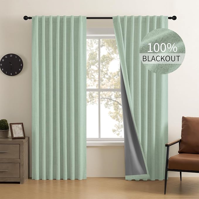 CUCRAF Linen 100% Blackout Curtains 96 Inch Length 2 Panels Set, Back Tab and Rod Pocket Curtain for Living Room Bedroom, Room Darkening Window Drapes Thermal Insulated, (37x96 inch, Sage Green)
