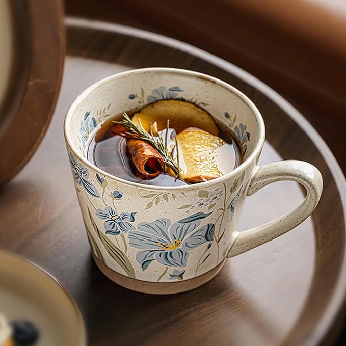 15oz Vintage Floral Ceramic Coffee Mug, Hand-Painted Lead-Free Tea Cup with Comfort Handle, Microwave & Dishwasher Safe for Home Office & Gift for Women (Light Blue Floral, 15, ounces)