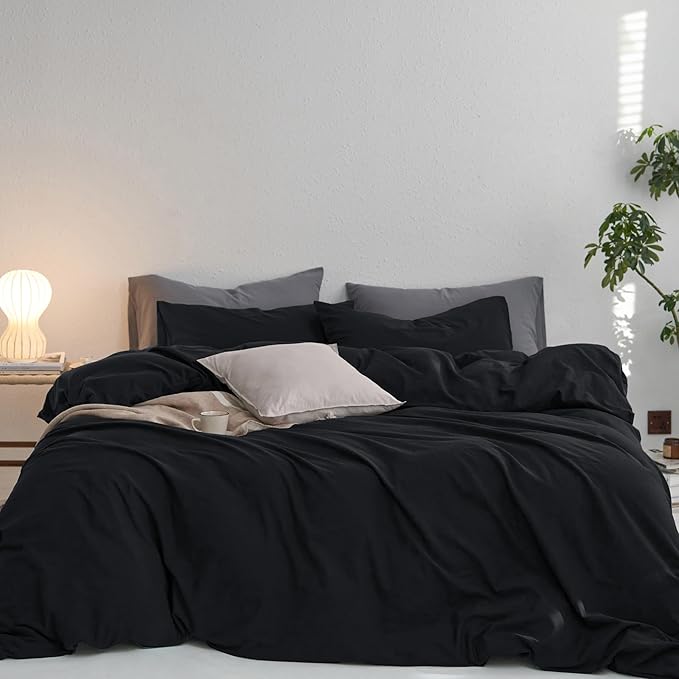 MooMee Queen Duvet Cover Set, 100% Washed Cotton Linen Like Twill Thick Sturdy Material Super Soft Breathable Durable Bedding for All Season, 3 Pieces (Black, Queen 90"x90")