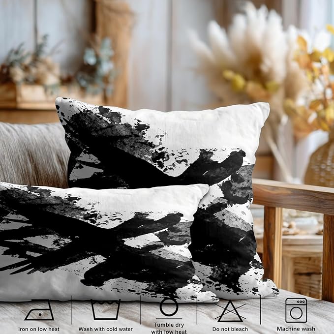 Shrahala Ink Black Hand Painted Decorative Throw Pillow Cover, Graphic White Brush Stroke Lumbar Pillowcase Blended Double-Sided No Inserts for Bedroom Living Room Set of 2 (12 X 20 in)