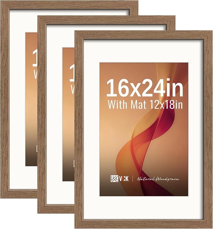 VCK 16x24 Poster Frames Walnut 3 Pack, Wide Border Wood, Display 16x24 Picture Photo with Mat or 12 x 18 Without, for Home, Office, Gallery, Woodgrain Series, Wall Hanging