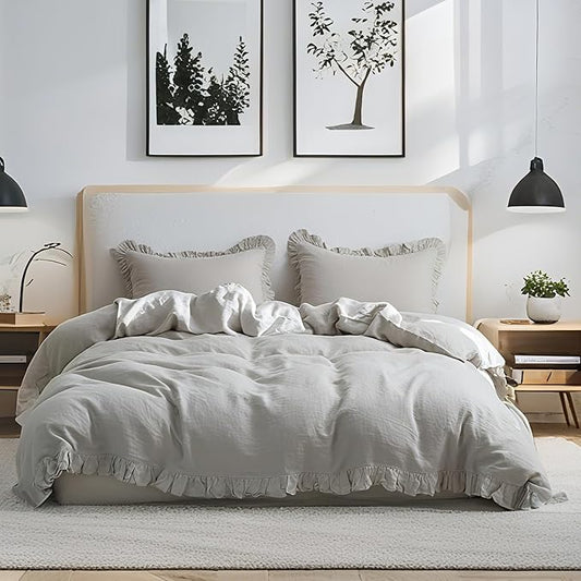 Simple&Opulence 100% Linen Duvet Cover Set, Natural French Flax Light Grey Ruffle Duvet Cover Twin Size, Breathable Comfy Linen Bedding Comforter Cover with 1 Pillowcase (Light Grey, 68" x 86")