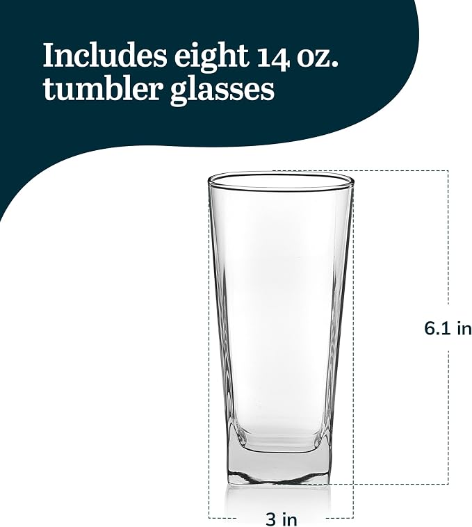 Libbey City Tumbler Glasses Set, 14.3 Oz Clear, Tall Drinking Glasses Set of 8, Thick, Square Glass Cups Set for Casual Dining and Daily Use | Crystal Clear Drinking Glasses, Thick Square Base, Everyday Glassware for Water, Juice & Iced Tea, Dishwasher...