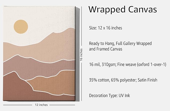 Abstract Mountain Landscape Wrapped Canvas Wall Art Sun Rolling Hills Earth Tones Terracotta 12x16 Inch Gallery Stretched Mid Century Modern Nature Home Art