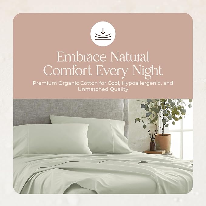 Certified Organic Full Flat Sheet Only - 100% Organic Cotton Top Sheet with Luxurious Soft and Breathable 300 Thread Count Sateen Weave Finish - GOTS & Fairtrade Certified (Pastel Green, Full)