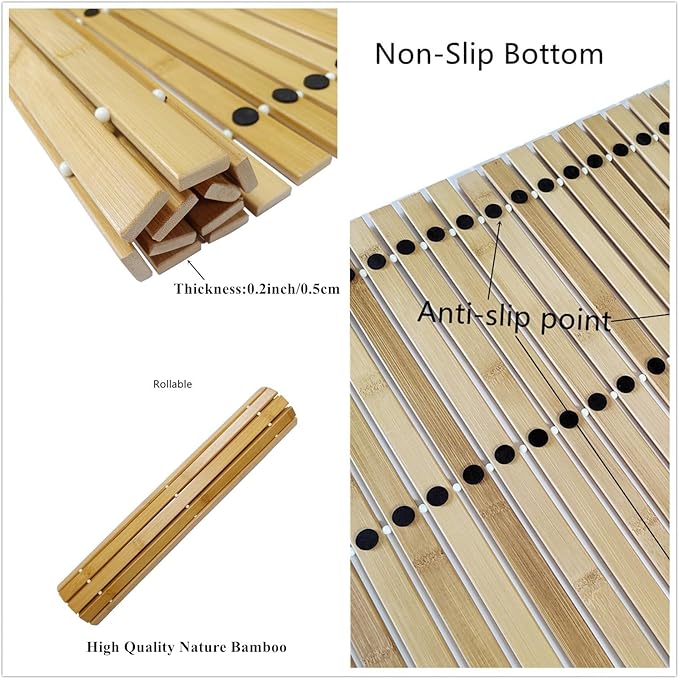 HJJKKH Bath Mat, Wooden Bathroom Mat Rayon Derived from Bamboo 27.6"x19.7", Rollable Non-Slip Floor Mat, Wooden Shower Mat for Bathroom, Bathtub, Spa, Sauna, Hot Tub & Outdoor Use