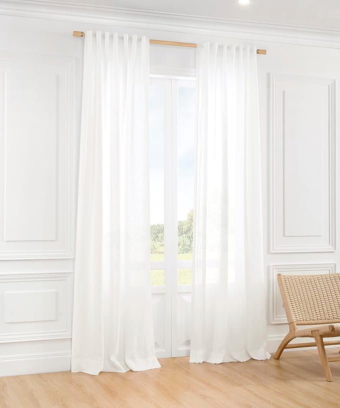 ATLINIA 100% Linen Sheer Curtain White Panel - 1 Panel Window Natural Linen Sheer for Bedroom Living Room Farmhouse Light Curtain Filtering Door Shades Privacy Rustic Boho Door Drape 96 inch