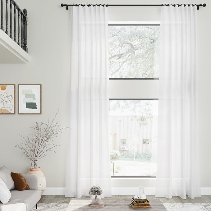 Nanspring White Linen Curtains 216 Inches Long for Living Room Extra Long Back Tab Curtains Farmhouse Light Filtering Semi Sheer Linen Drapes Ceiling to Floor for Large Window 2 Panels Set 52x216
