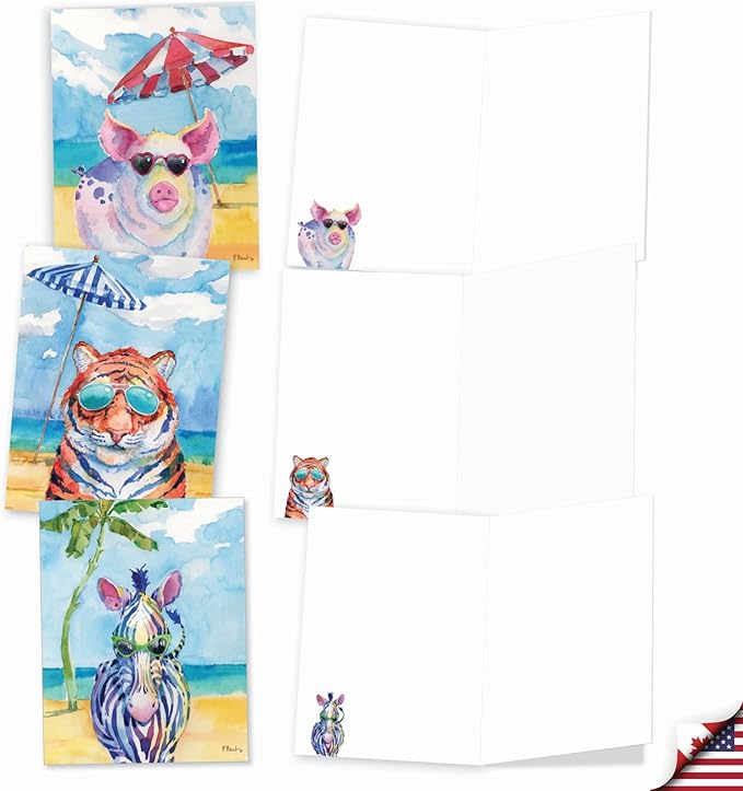 The Best Card Company Assorted Funny Wildlife Watercolor Blank Greeting Card Box Set - Incl. 10 Unique Notecards Designs + Envelopes for Thank You, Invitations - Animal's Day Off AM6670OCB-B1x10