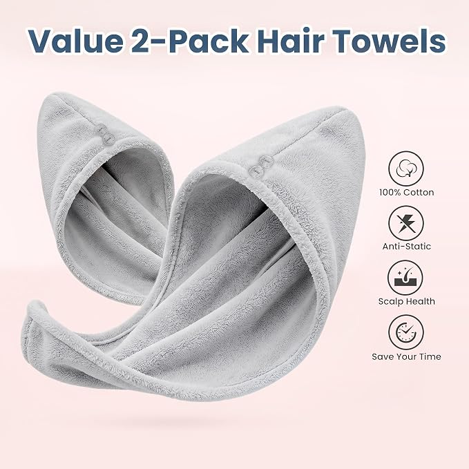 Mandydov 100% Cotton Hair Towel Wrap for Women, 2 Pack Thickened & Super Absorbent Turbans, Anti Frizz Quick Dry Hair Towels (Gray)