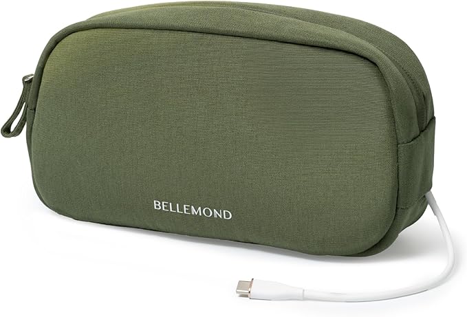 BELLEMOND Tech Organizer Pouch for Travel | Electronics Organizer Case for Cables, Chargers & Accessories | Hidden AirTag Pocket, Cable Pass-Through & Waterproof Base | Bamboo Green