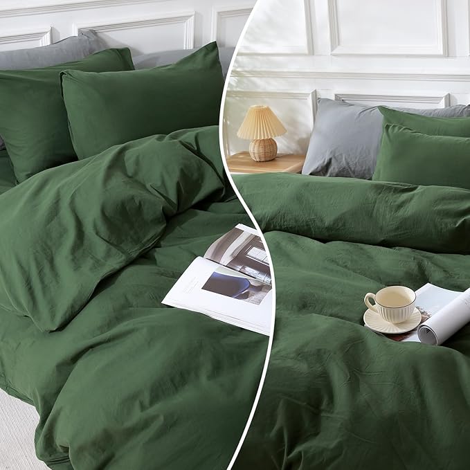 NEXHOME PRO Duvet Cover Set Oversized Queen 98"x98" Linen Look Textured Organic Natural 100% Washed Cotton Duvet Cover 3 Pieces Bedding Set Zipper Closure, Breathable, Forest Green (No Comforter)