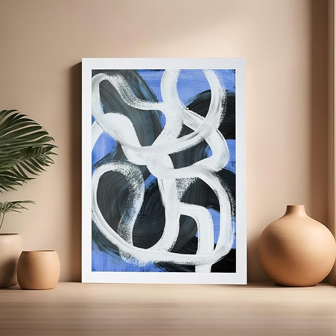 Monem Art Bold Blue Brushstroke Abstract Print - Modern Textured Line Art Poster - Wall Decor for Living Room, Bedroom or Office - 16x20 White Framed Wall Art by Mareike Bohmer