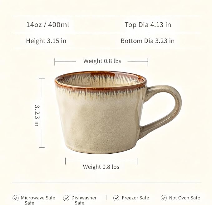 Handmade Kiln Drip Glaze Ceramic Coffee Mug 14oz, Vintage Hammered Wavy Textured Latte Cup, Microwave Dishwasher Freezer Safe Large Handle Tea Mug, for Home Office, Ideal Couple Housewarming Gift