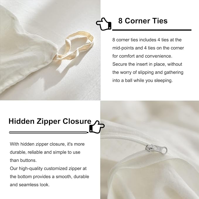 TOSMO Linen Duvet Cover Set, 100% French Flax Natural Linen Bedding 3pcs Set, Soft Breathable for Hot Sleepers 1 Duvet Cover and 2 Pillowcases (Off White, King)