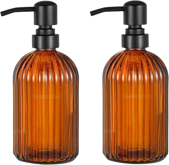 2 Pcs Amber Vertical Design Bathroom and Kitchen Soap Dispenser Set with 16 oz Glass Jar, Matte Black Stainless Steel Pump - for Hand Soap, Dish Soap and Mouthwash Dispenser for Home & Kitchen Decor