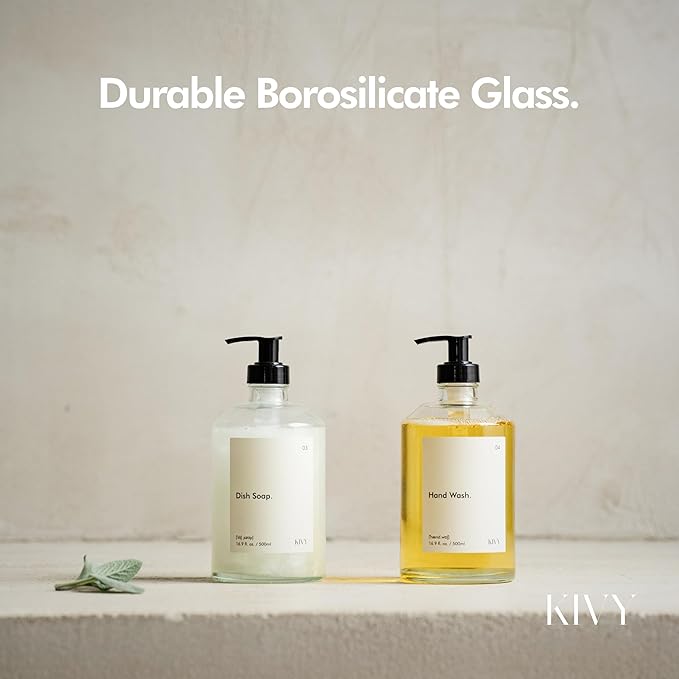 KIVY Glass Soap Dispenser Set [INCL. Waterproof Labels] - Glass Soap Dispenser with Pump - Hand Soap and Dish Soap Set - for Kitchen, Shower & Bathroom - Refillable (2X 16oz)