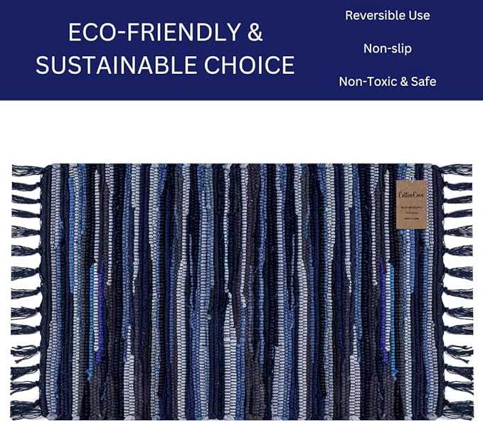 Cotton Chindi Rug - Boho Rustic Area Accent Throw Rug - Area Floor Carpet for Bedroom Living Room Kitchen Dorm Entryway Hallway - 20x32 inch Hand Woven Reversible Area Rug Blue Multi