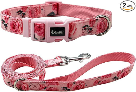 Dog Collar Leash Set, Floral Pattern, Nylon Webbing Plus Cotton Ribbon, 5ft Matching Leash, for Small Dogs.(S, Pink Rose)