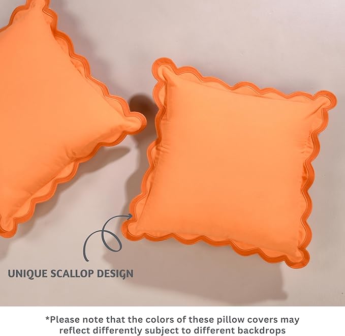 Folkulture Throw Pillow Covers | (18 x 18) Set of 2 Orange Pillow Covers for Living Room Decor | Boho Throw Pillow or Accent Pillow | Scalloped Pillow Cover for Housewarming Gifts & Summerween Decor