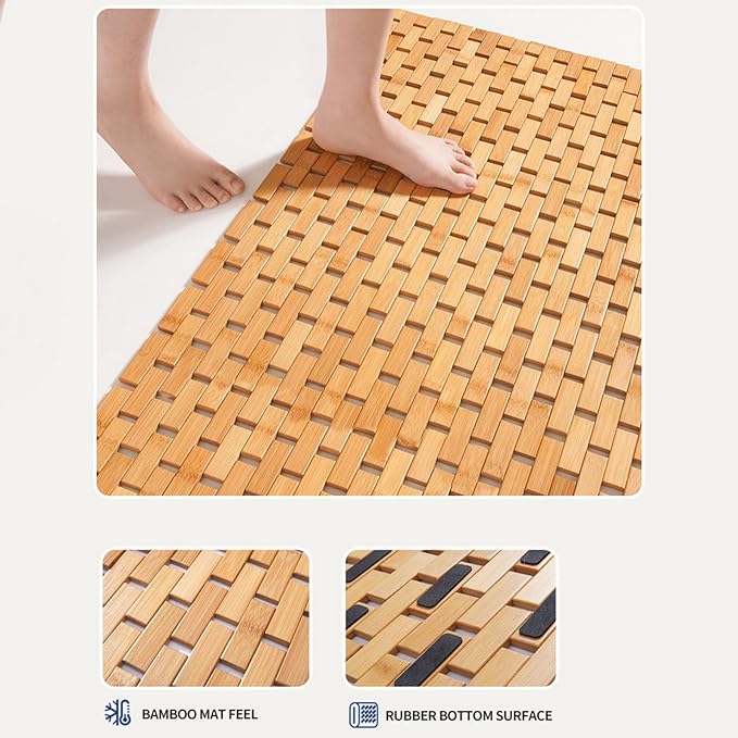 Bath Mat for Luxury Shower, Non-Slip Bamboo Sturdy Waterproof Bathroom Carpet for Sauna Spa Steps Decor and Accessory, Dark Khaki, 16" x 24"