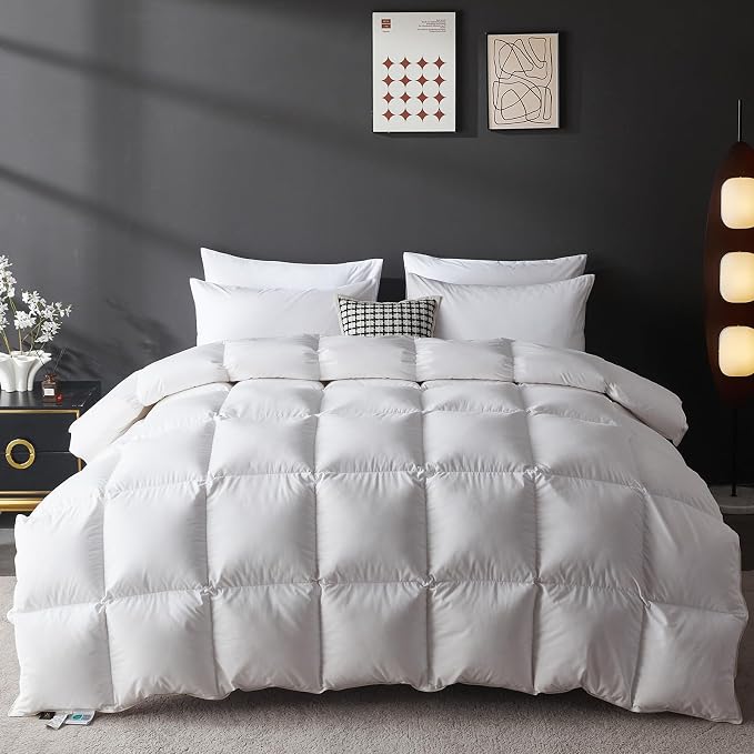 L LOVSOUL Goose Feather Down Fiber Comforter Cali King Size, 100% Organic Cotton Fabric Duvet Insert,1200TC,750+FP, Hotel Collection, Heavyweight White Bedding Comforters with 8 Tabs,102oz