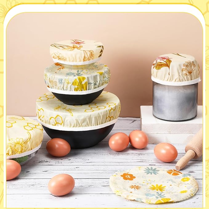 6 Pcs Reusable Beeswax Bowl Covers for Bread Proofing 6/8/10 Inch Elastic Cotton Bowl Cover 3 Pattern Cloth Food Wrap Bread Proofing Cap for Mixer Container Baskets