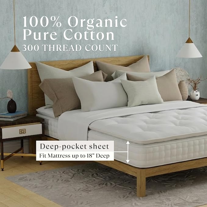 Delilah Home 100% Organic Cotton Twin Bed Sheet Set, GOTS & Vegan.org Verified, Long Stem 300 TC Sateen Bedding, Non-Synthetic, Deep Pocket Fitted Linen, Lightweight, All-Season, 3 Piece Set - Grey