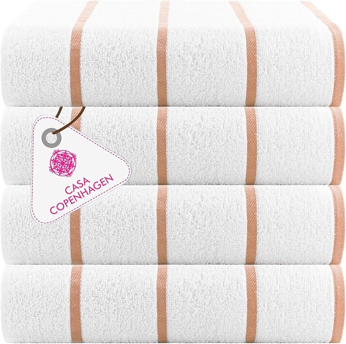 CASA COPENHAGEN Cabana Pool 4Pcs 100% Egyptian Cotton Large Designer Beach Towels Gift Set- White Cream, 500GSM, 55"x27", 4 Beach Bath Towels (Box Pack, Set for Women & Men)
