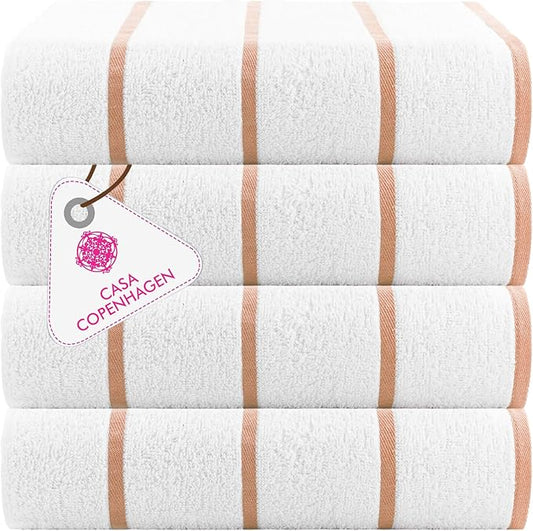 CASA COPENHAGEN Cabana Pool 4Pcs 100% Egyptian Cotton Large Designer Beach Towels Gift Set- White Cream, 500GSM, 55"x27", 4 Beach Bath Towels (Box Pack, Set for Women & Men)