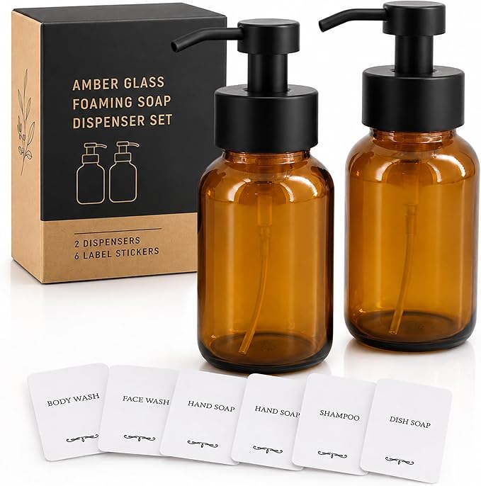 2Pcs Amber Glass Foaming Soap Dispenser - 8.5 oz Amber Glass Soap Dispenser with Pump, Compatible with Hand Soap, Dish Soap, Shampoo and Gel, Durable, Stylish & Refillable for Bathroom and Kitchen