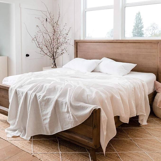 BISELINA Linen Sheet French Flax Flat Sheet Only 55% Euro Linen 45% Cotton Basic Style Solid Color Soft Breathable Farmhouse Top Sheet 1-Piece (Full, White)
