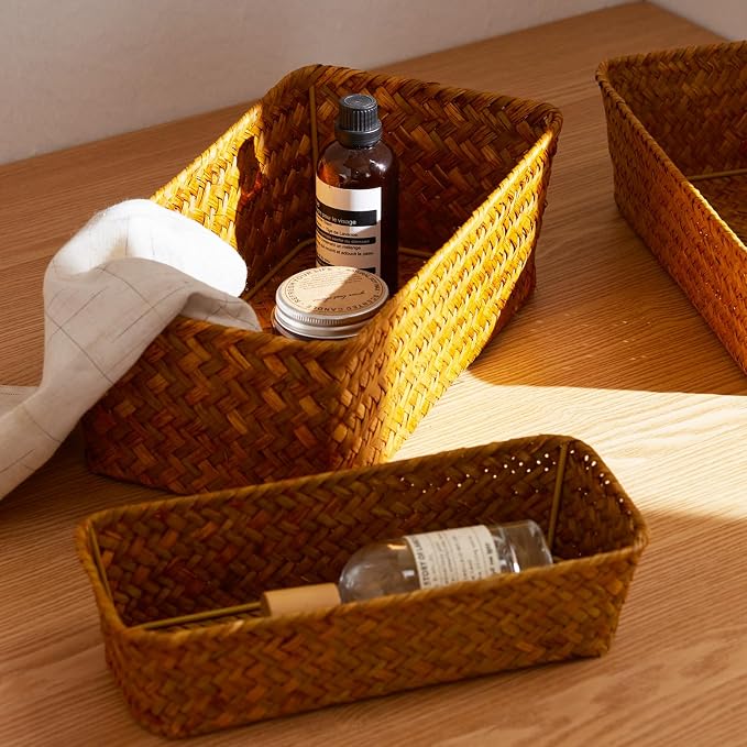 Seagrass Storage Basket, Stackable Open Woven Baskets Bins Container for Organizing Shelves Bedroom Living Room, Set of 3, Natural