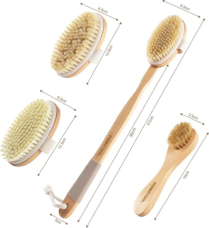 DEBETOOL Dry Brushing Set - Natural Boar Bristle Body & Face Brush, Wooden Long Handle Scrub Brush for Cellulite & Lymphatic Drainage Body Care, Detachable, 3 Brush Heads