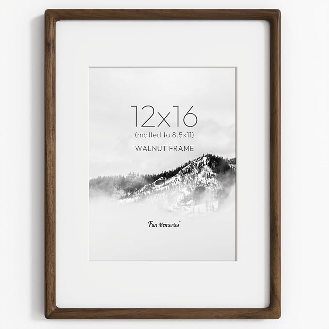 12x16 Picture Frame, USA-Sourced Walnut Wood Picture Frame 12 x 16 for Art & Poster Display, 12x16 Frame with High Tempered Glass, Wooden Frame Matted to 8.5x11 Photo Wall Mounted, 1 Pack