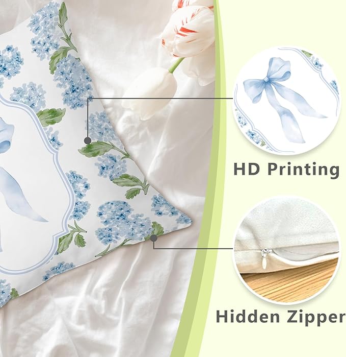 Coquette Blue Bow Hydrangea Floral 18x18 Pillow Cover, Grandmillennial Home Decor, Preppy Girly Blue Hydrangea Flower Decorative Throw Pillow Cover for Home Bedroom Living Room