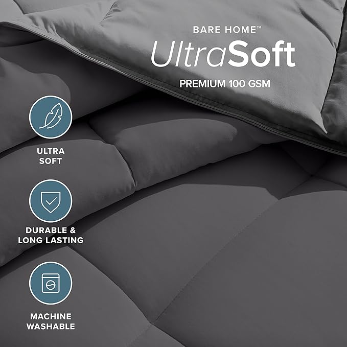 Bare Home Full Comforter - Reversible Colors - Goose Down Alternative - Ultra-Soft - Premium 1800 Series - All Season Warmth - Bedding Comforter (Full, Grey/Forged Iron Grey)