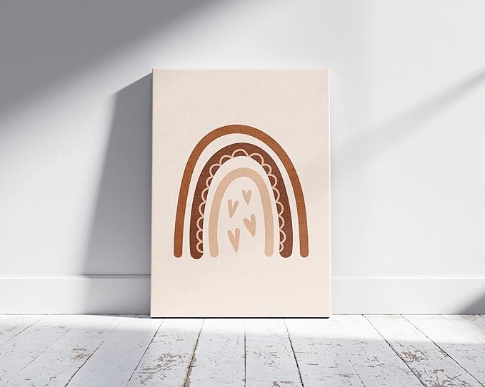 Y2K BOO Boho Nursery Rainbow Wrapped Canvas Wall Art with Hearts Earth Tones Terracotta Brown 16x20 Inch Gallery Stretched Modern Home Decor