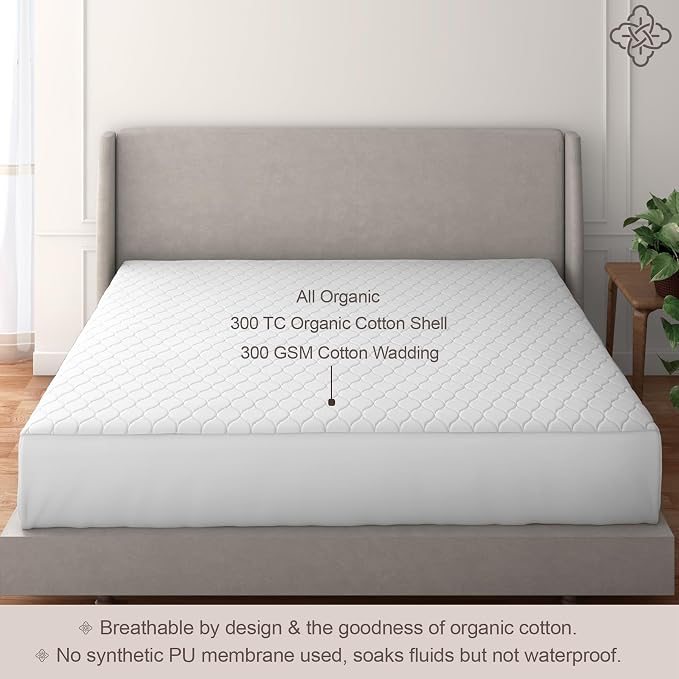 Bioweaves 100% Organic Cotton Mattress Pad Cover, GOTS Certified Cooling 300 GSM Quilted Fitted Mattress Topper & Protector with Soft Cotton Wadding - White, 20 Inch Deep Pocket, Full