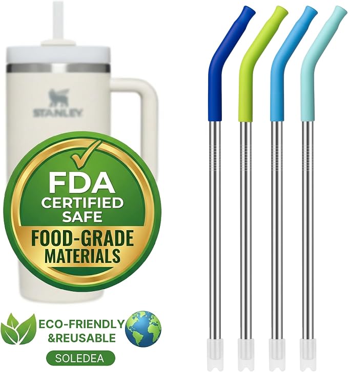 40 oz Straight Metal Straws for 40 oz Stanley Tumbler | 6 Pcs Stainless Steel Reusable Drinking Metal Straw with Colourful Silicone Tips,Straw for Glass Cups, BPA FREE