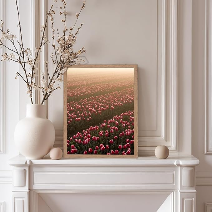 Monem Art Golden Tulip Field Sunset Photography Print - Romantic Spring Landscape Art Poster - Wall Decor for Living Room, Bedroom or Office - 8x10 Beige Framed Wall Art by Mareike Bohmer