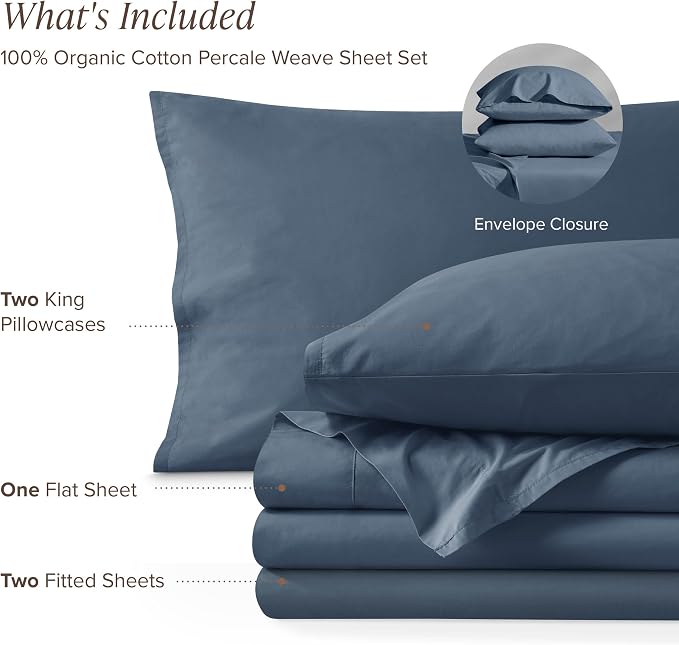 Bare Home 100% Organic Cotton Split King Sheet Set - Crisp Percale Weave - Lightweight & Breathable - Bedding Sheets & Pillowcases (Split King, Bering Sea)
