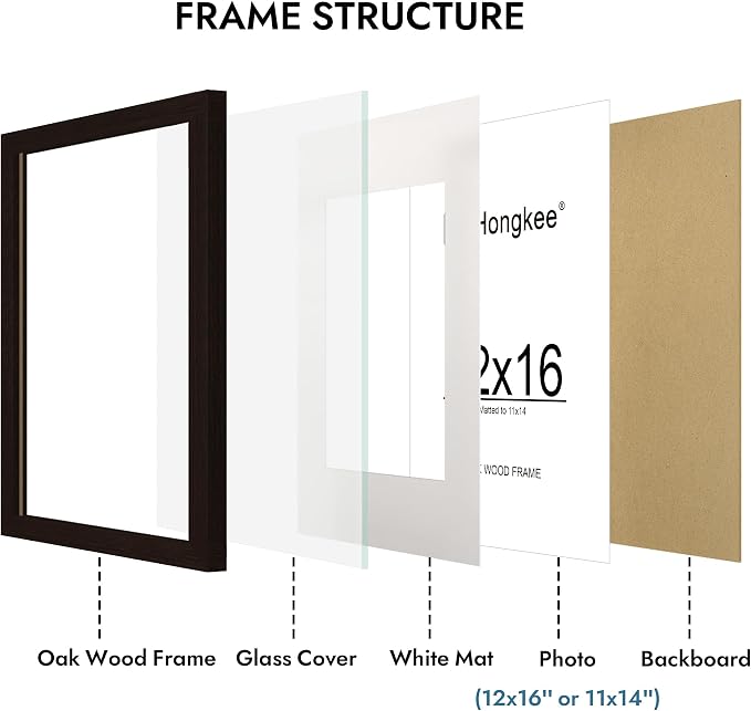 Hongkee 12x16 Oak Wood Picture Frame 1 Pack(Matted 11x14), Real Glass Cover | Black, 12 x 16 Solid Wood Frame for Wall Mounting - Includes Easel Back, Vertical Hang - Ideal for Home, Office