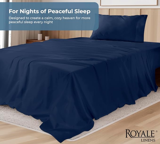 ROYALE LINENS 100% Organic Cotton Twin Sheet Set - Percale Weave - 3 Pieces Set - 1 Flat, 1 Deep Pocket Fitted Sheet and 1 Pillowcases - Navy Bed Sheets - Sábanas Twin - Crisp Cool (Navy)