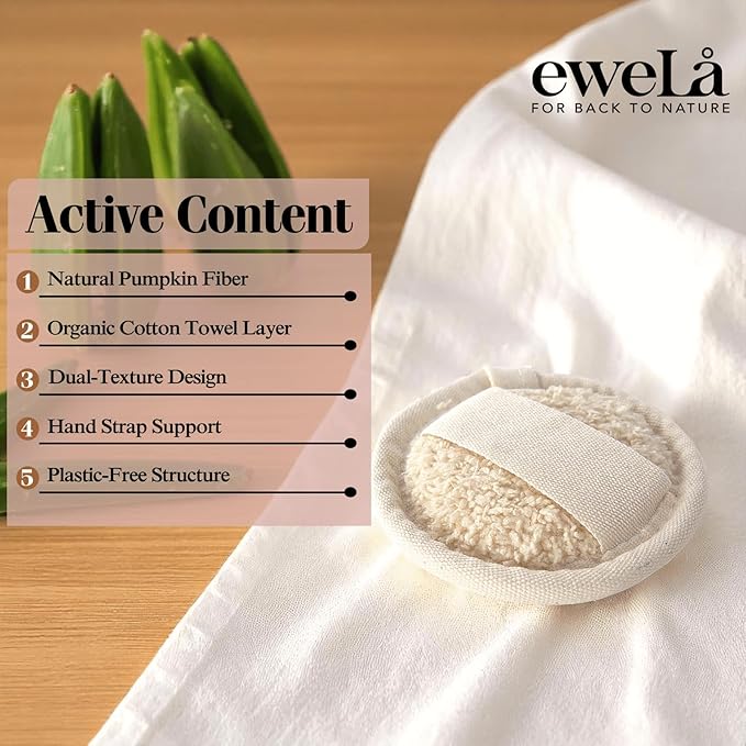Ewelà Natural Facial Cleansing Pad – 100% Organic Loofah & Cotton Dual-Sided Exfoliating Face Scrubber – Reusable, Biodegradable, Gentle Skin Care Sponge for Daily Deep Pore Cleanse – 8.5cm Round