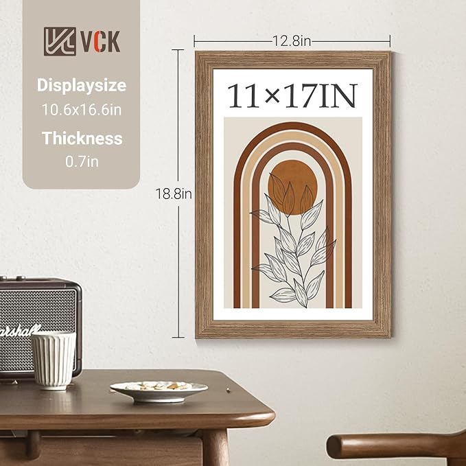 VCK 11x17 Picture Frame Set of 4 - Walnut, Gallery-Quality Wood Poster Frames, 1.1-Inch Wide Border, Polished Plexiglass, Vertical or Horizontal Wall Display for Photo/Art/Prints, Walnut